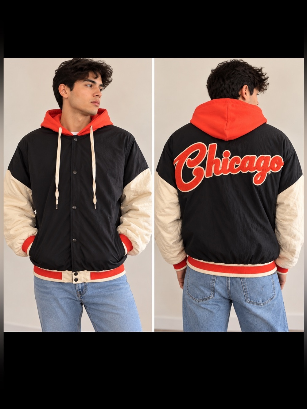 Fashion Nova Men’s Chicago Hooded Bomber Jacket 2X Black Red Cream